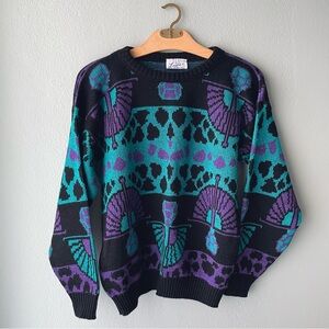 Lauren Knitwear | Vintage 80s Neon Turquoise Shimmer Knit Pullover Sweater